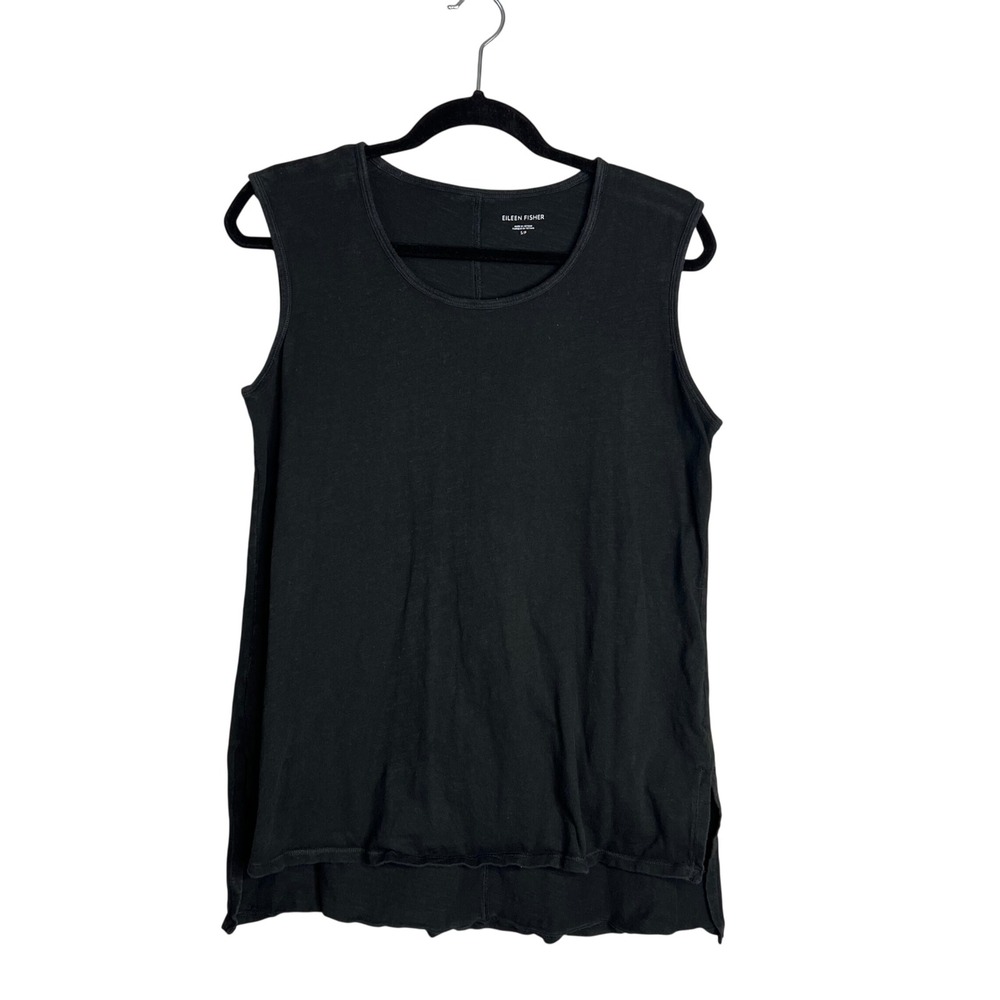 Eileen Fisher Tank Top Sz S Black Organic Cotton High Low Scoop Neck Tunic Slits